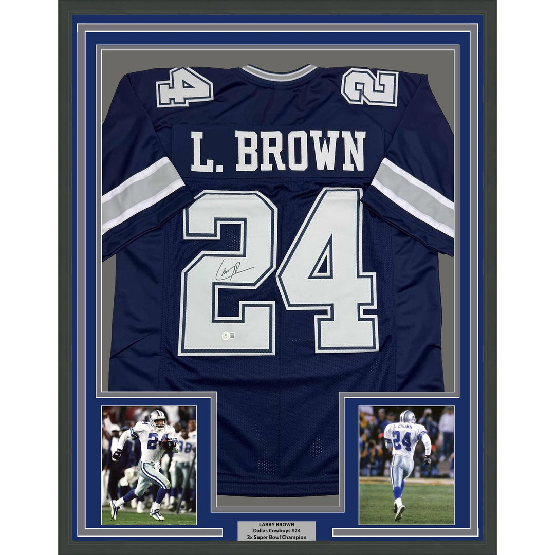 Framed Autographed/Signed Larry Brown 35x39 Dallas Blue Jersey BAS COA