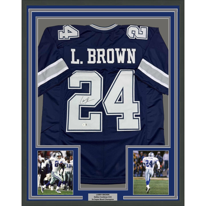 Framed Autographed/Signed Larry Brown 35x39 Dallas Blue Jersey BAS COA