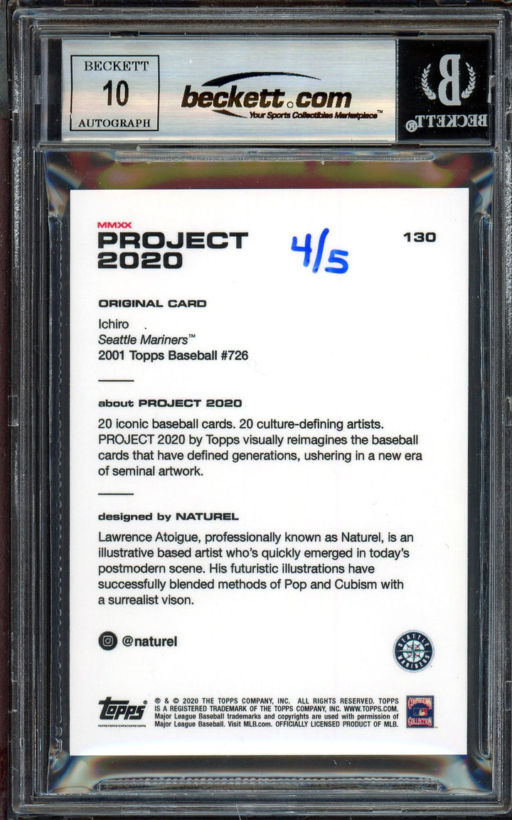 Ichiro Suzuki Auto Topps Project 2020 Naturel Card 130 Mariners Sig 10 /5 BAS