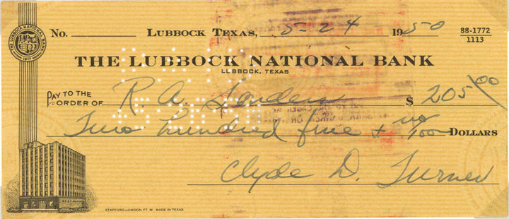 Clyde Bulldog Turner Signed 1950 Lubbock National Bank Check 37602