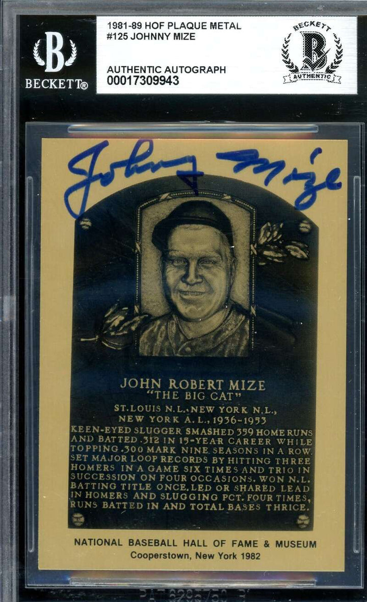 Johnny Mize Beckett BAS Signed 1981-89 Metallic Hall Of Fame Plaque Autograph