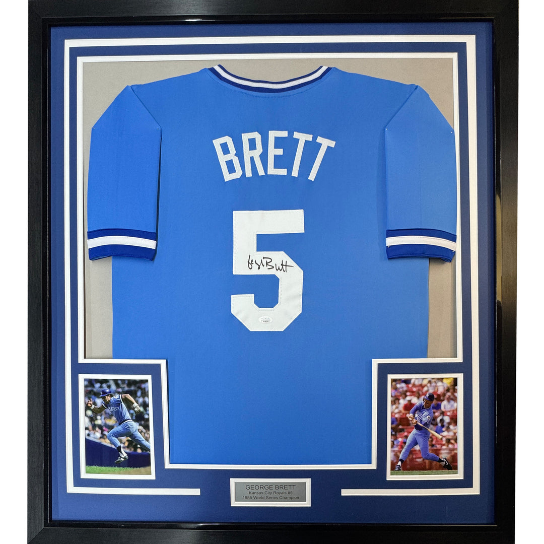 Framed Autographed/Signed George Brett 35x39 Kansas City Blue Jersey JSA COA