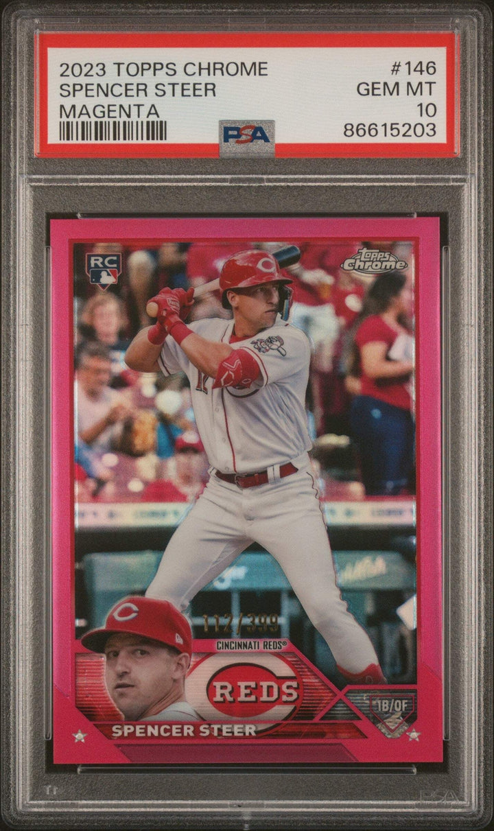 Graded 2023 Topps Chrome Spencer Steer #146 Magenta /399 RC Baseball Card PSA 10