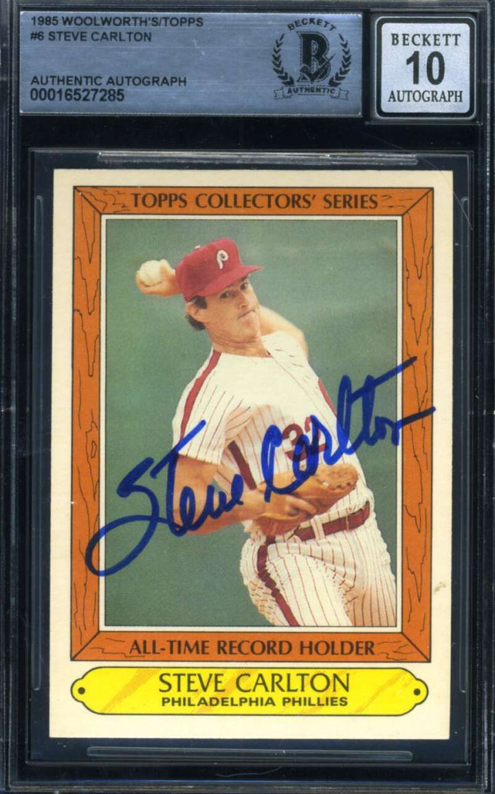 Steve Carlton Gem Mint 10 Beckett BAS Signed 1985 Topps Woolworths Autograph