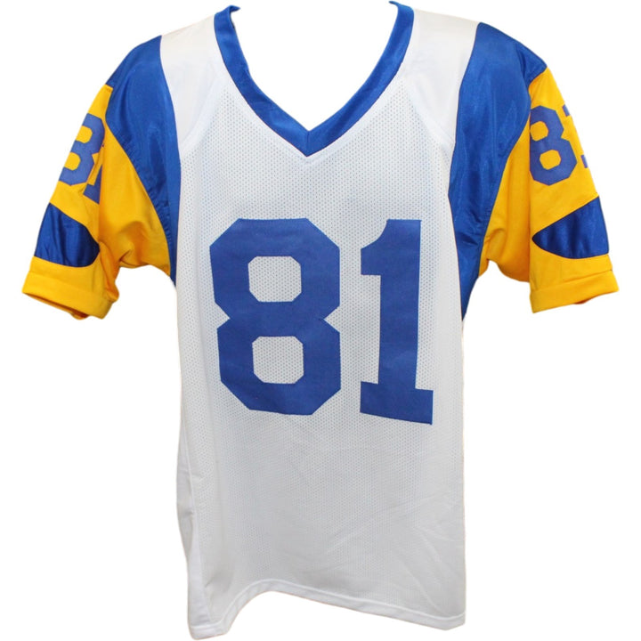 Torry Holt Autographed/Signed Pro Style sz XL White Jersey Beckett Witness 56892
