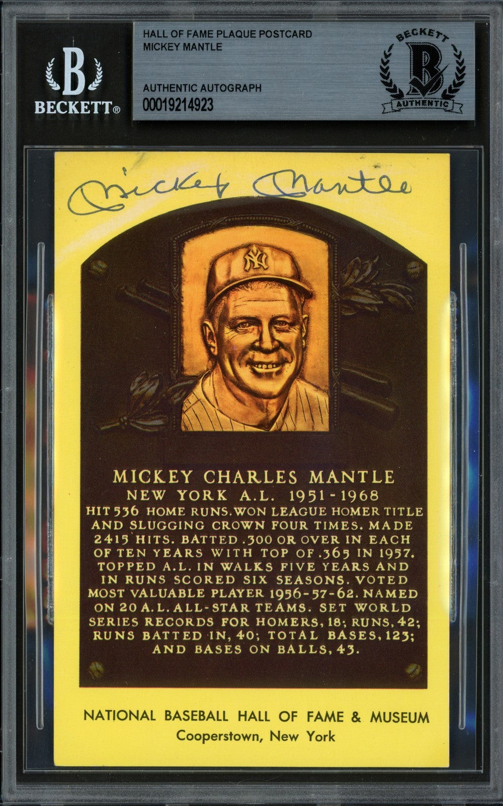 Mickey Mantle Signed HOF Plaque Postcard New York Yankees Beckett