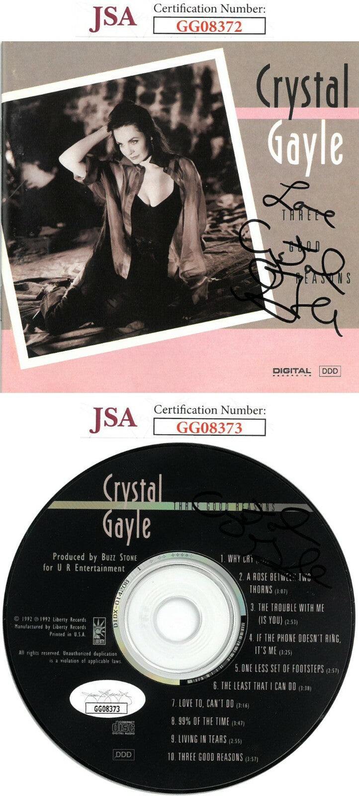 Crystal Gayle dual signed Three Good Reasons Album CD Cover & CD- JSA Hologram's