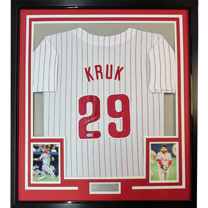 FRAMED Autographed/Signed JOHN KRUK 33x42 Philadelphia Pinstripe Jersey JSA COA