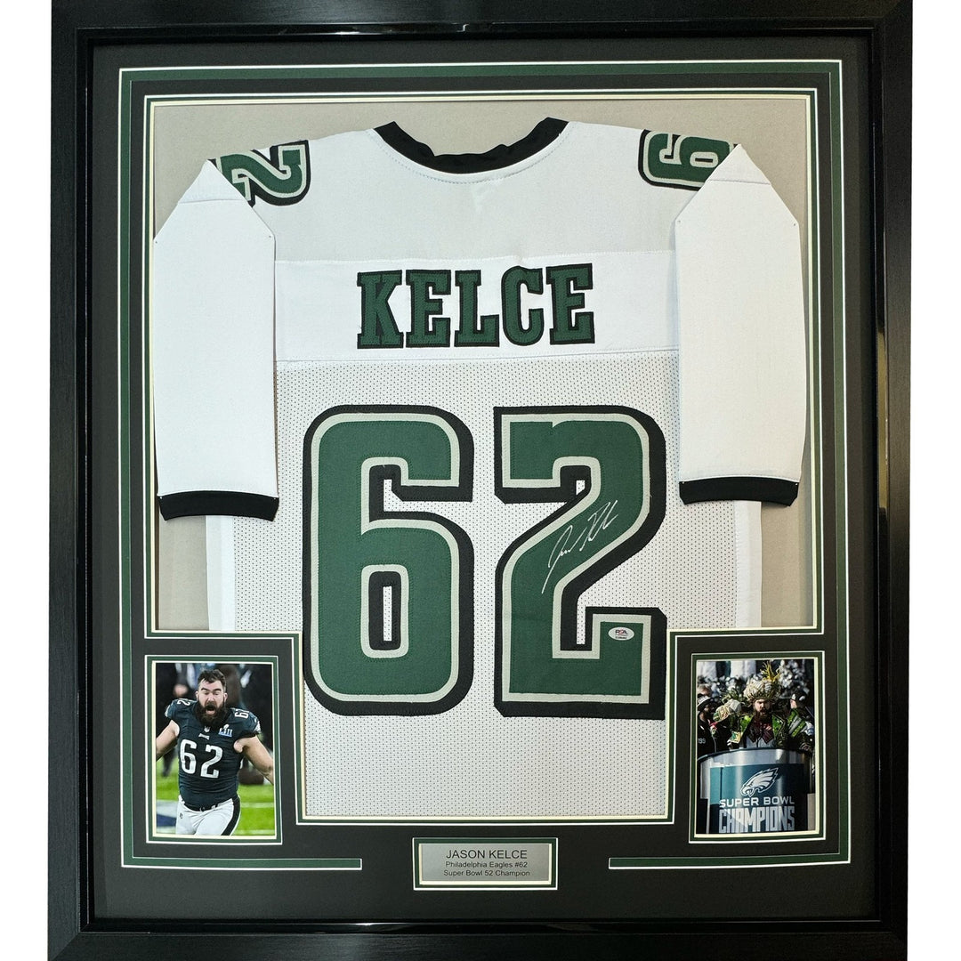 Framed Signed Jason Kelce 35x39 Philadelphia White Jersey PSA COA
