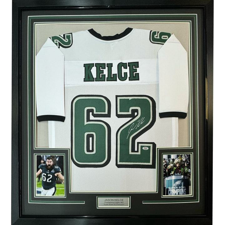 Framed Signed Jason Kelce 35x39 Philadelphia White Jersey PSA COA