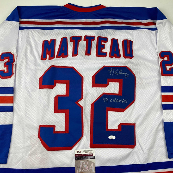 Autographed/Signed Stephane Matteau 94 Champs New York White Jersey JSA COA