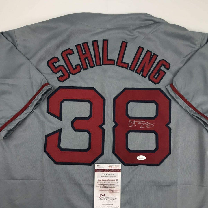Autographed/Signed CURT SCHILLING Boston Grey Baseball Jersey JSA COA Auto