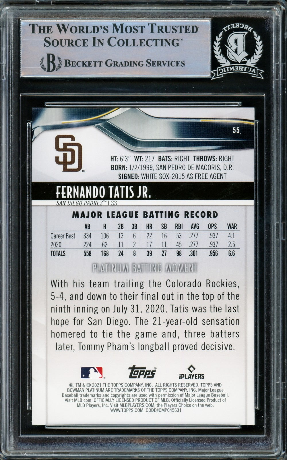 Fernando Tatis Jr. Signed 2021 Bowman Platinum Ice Foil Card #55 San Diego