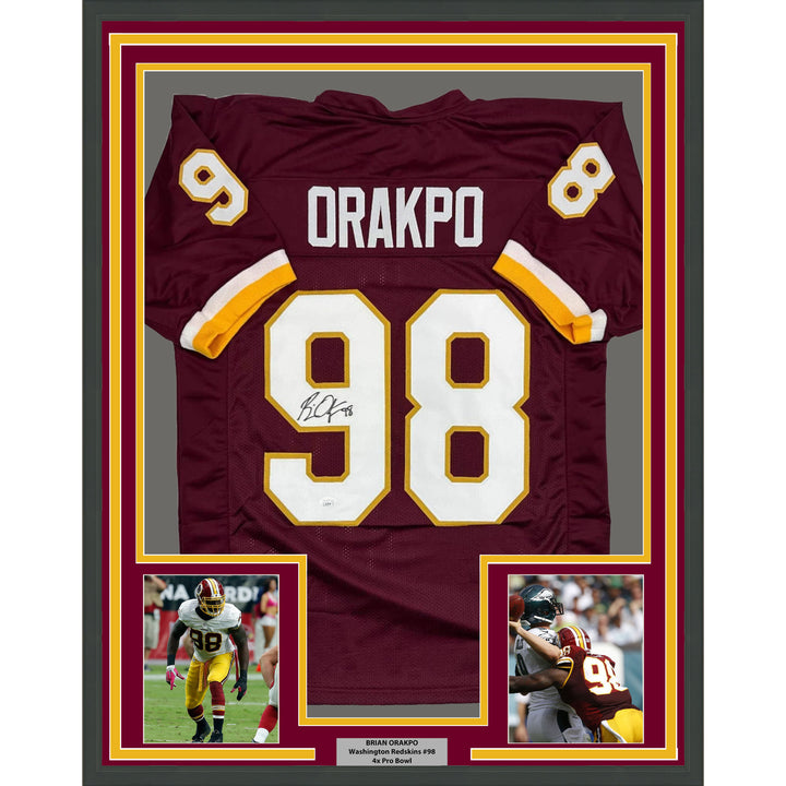 Framed Autographed/Signed Brian Orakpo 35x39 Washington Burgundy Jersey JSA COA