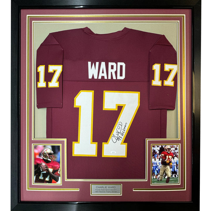 FRAMED Autographed/Signed CHARLIE WARD 33x42 Florida Maroon Jersey JSA COA