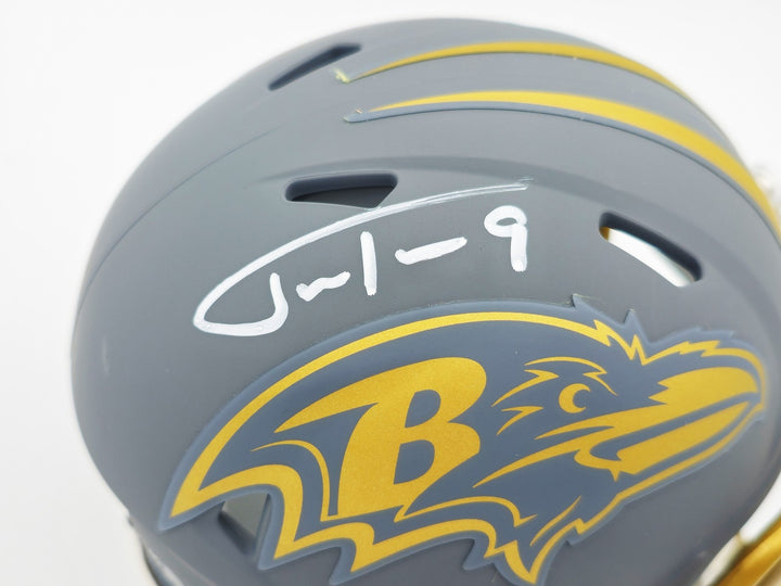 Justin Tucker Auto Signed Baltimore Ravens Slate Gray Speed Mini Helmet JSA