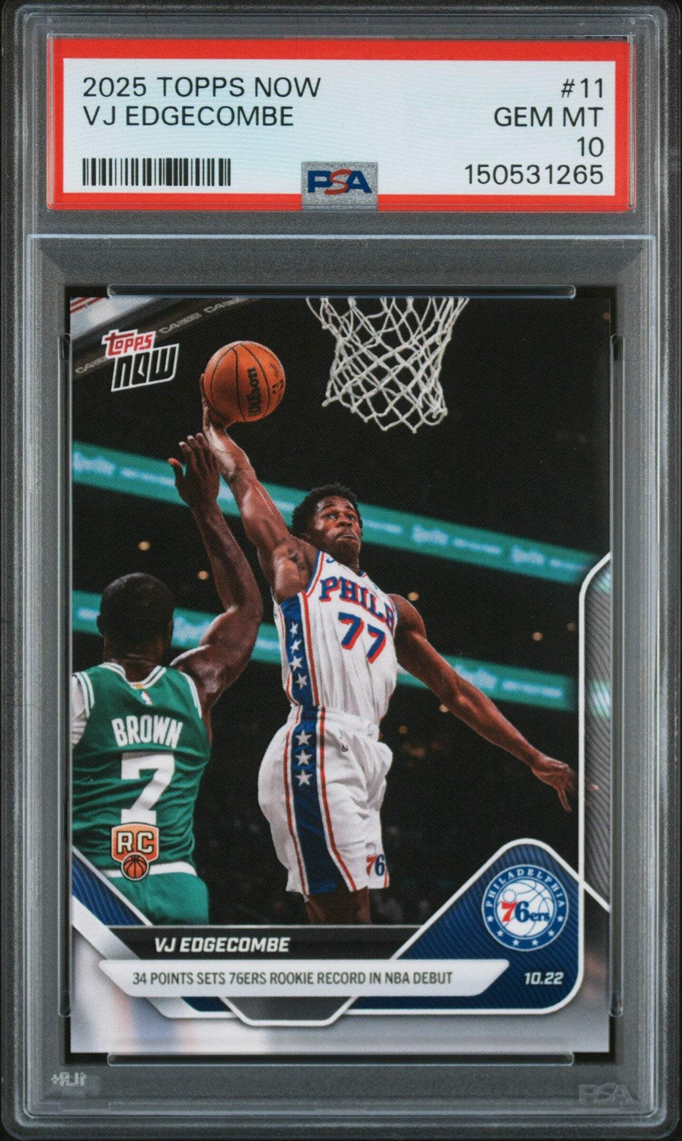 Graded 2025 Topps Now VJ Edgecombe #11 Rookie RC Basketball Card PSA 10 Gem Mint