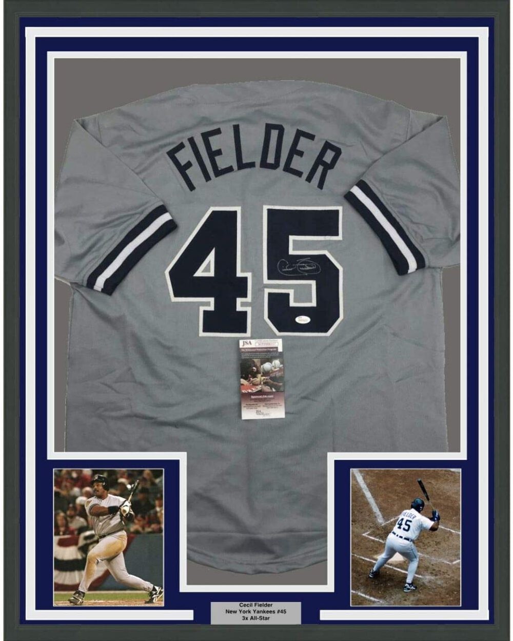 FRAMED Autographed/Signed CECIL FIELDER 33x42 New York Grey Jersey JSA COA Auto