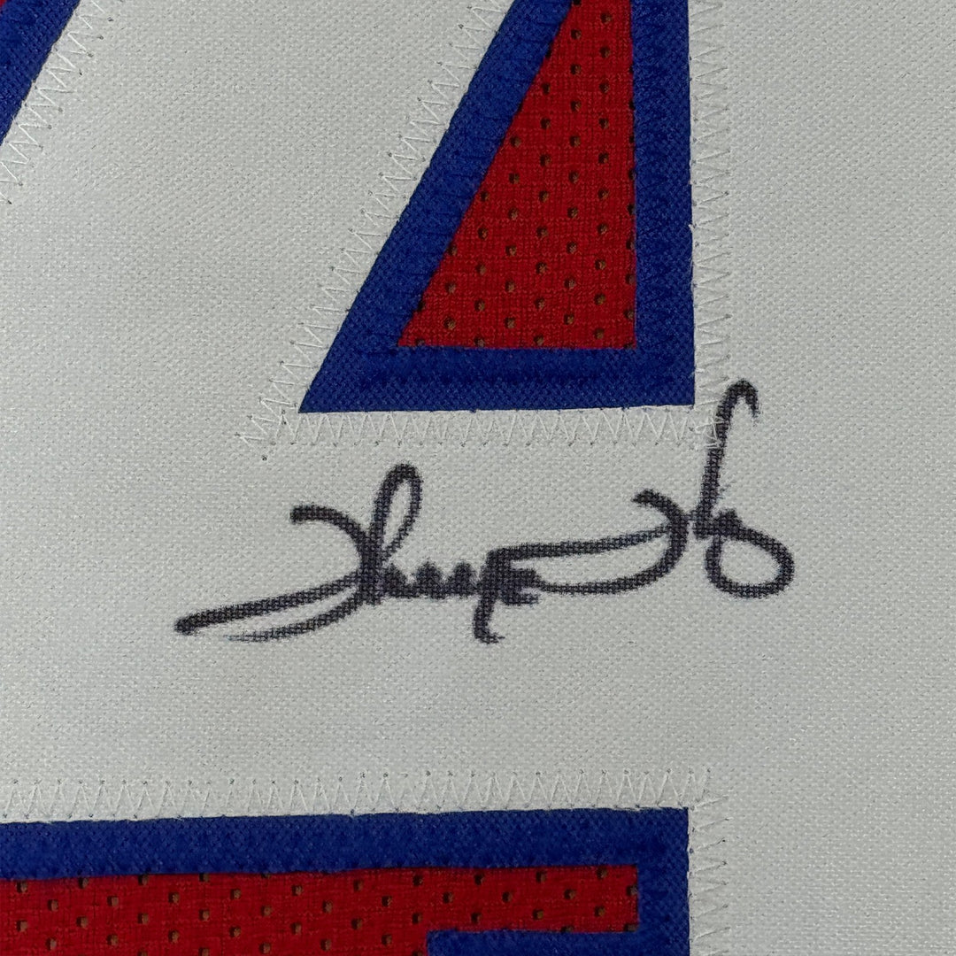Framed Autographed/Signed Thurman Thomas 35x39 Buffalo Red Jersey JSA COA