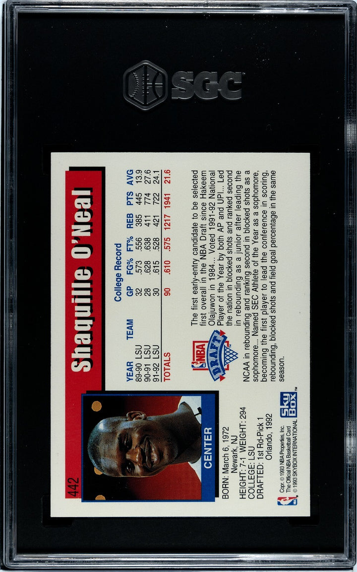 Shaquille O'Neal 1992-93 NBA Hoops Rookie Card (RC) #442- SGC Graded 9.5 Mint +