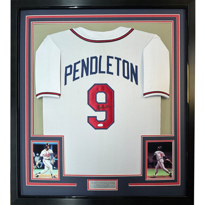 Framed Signed Terry Pendleton 35x39 Atlanta White Jersey JSA COA