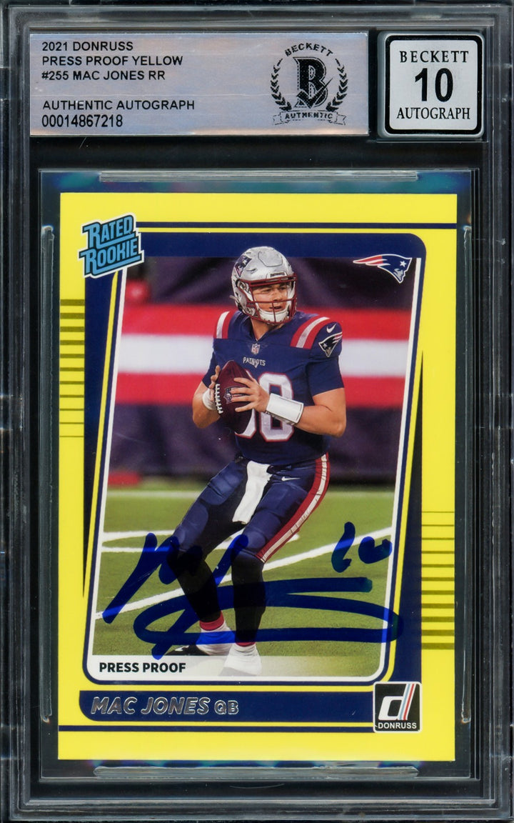 Mac Jones Signed 2021 Donruss Rated Yellow Press Proof RC 255 Sig 10 Beckett