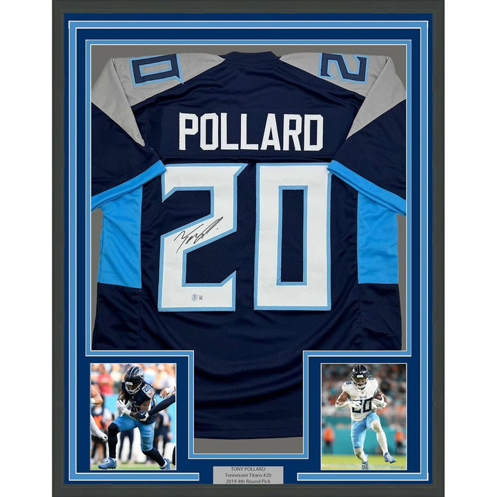 Framed Autographed/Signed Tony Pollard 35x39 Tennessee Blue Jersey BAS COA