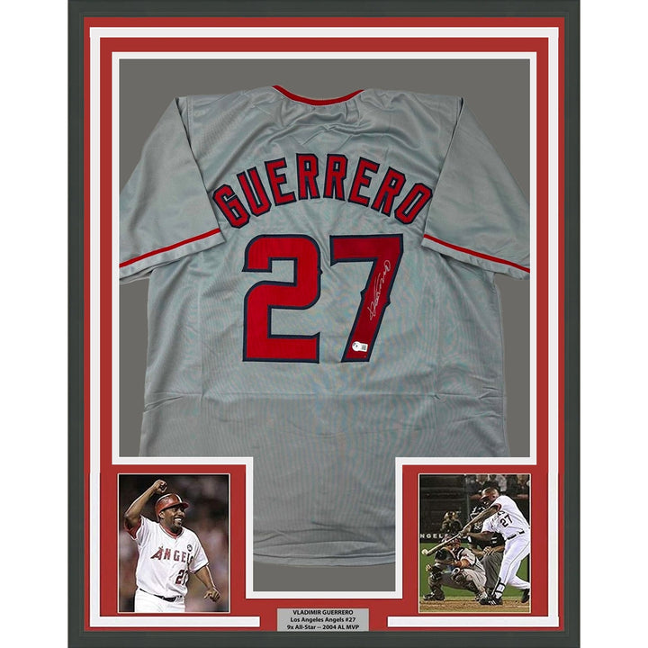 Framed Autographed/Signed Vladimir Vlad 33x42 Guerrero LA Grey Jersey COA