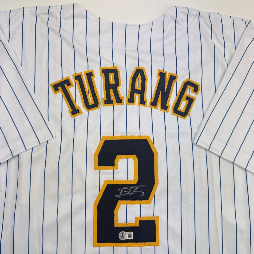 Autographed/Signed Brice Turang Milwaukee Pinstripe Baseball Jersey BAS COA