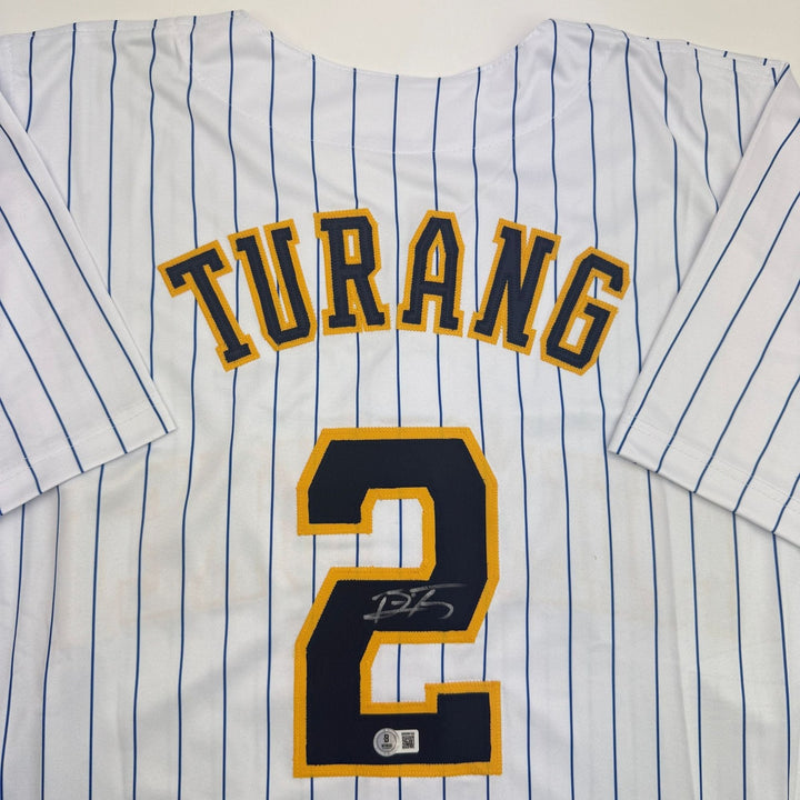 Autographed/Signed Brice Turang Milwaukee Pinstripe Baseball Jersey BAS COA