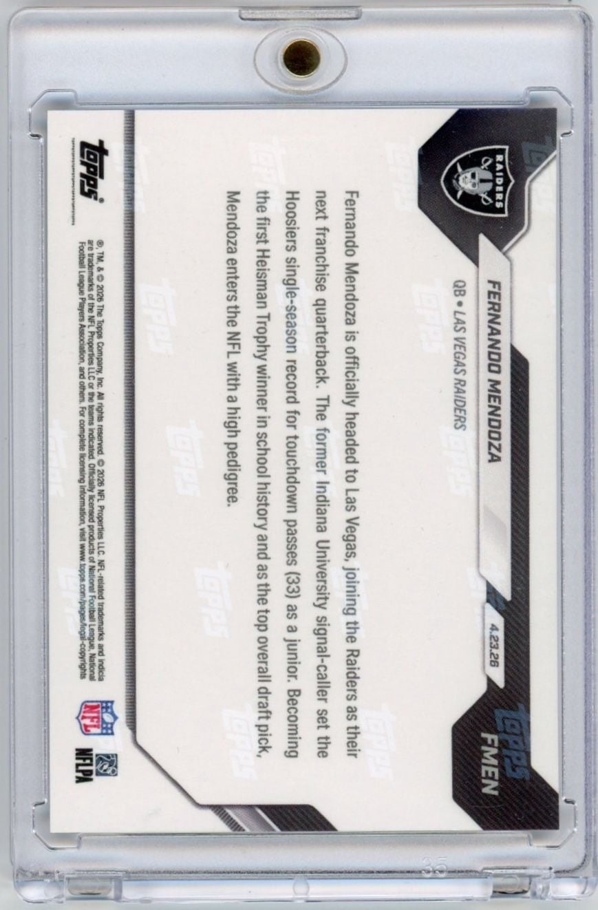 2026 Topps Now Fernando Mendoza FMEN Black Chrome /10 Draft Pick Rookie RC Card