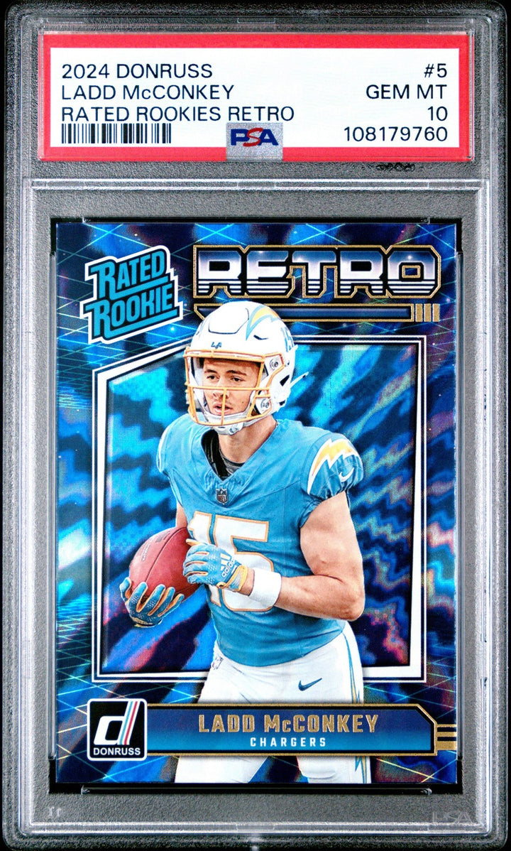 Graded 2024 Donruss Ladd McConkey #5 Rated Rookies Retro Football Card PSA 10