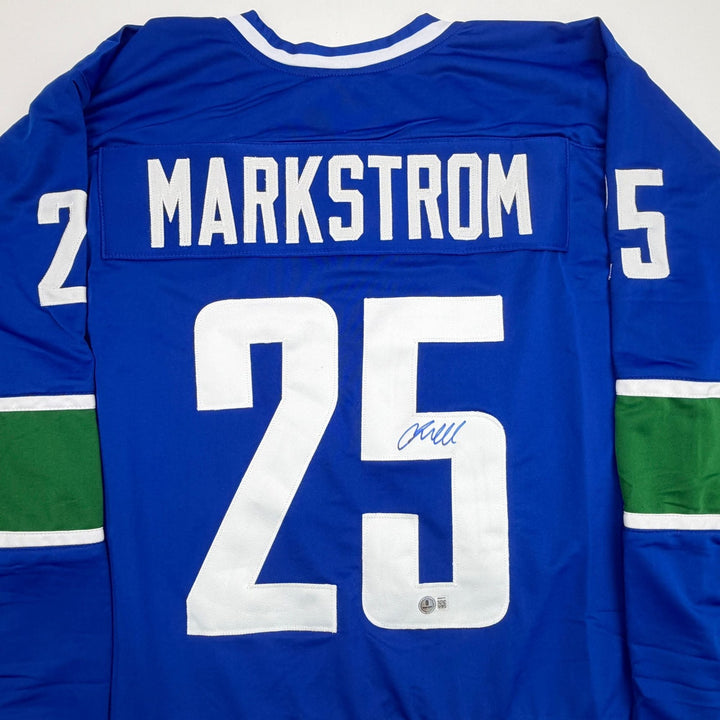 Autographed/Signed Jacob Markstrom Vancouver Blue Hockey Jersey Beckett COA