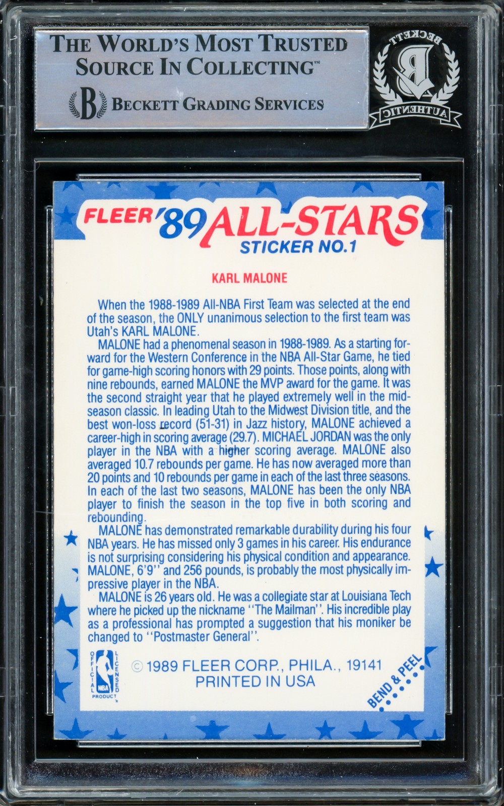 Karl Malone Signed 1989-90 Fleer Sticker Card #1 Utah Jazz Beckett BAS #15781091