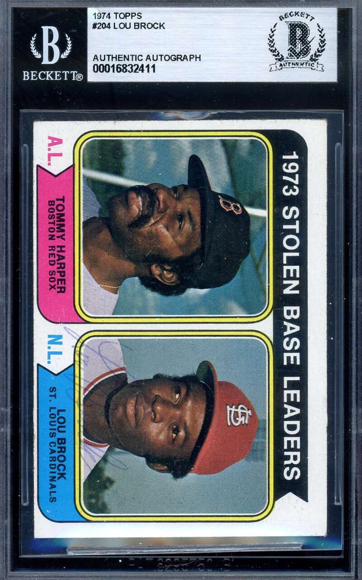 Lou Brock Beckett BAS Signed 1974 Topps 1973 Leaders Autograph