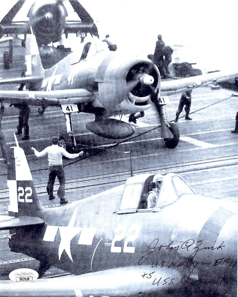 John A. Zink signed WWII Navy Ace Fighter Pilot USS Hornet 8x10 Photo- JSA