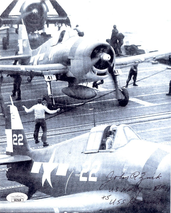 John A. Zink signed WWII Navy Ace Fighter Pilot USS Hornet 8x10 Photo- JSA