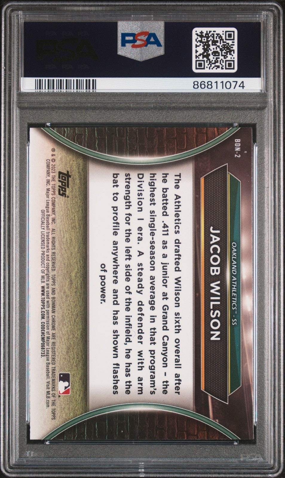 Graded 2023 Bowman Draft Jacob Wilson #BDN2 Draft Night RC Card PSA 10