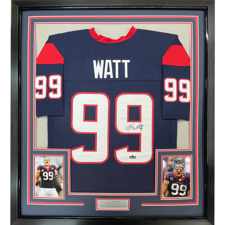 Framed Facsimile Autographed JJ J.J. Watt 33x42 Blue Reprint Laser Auto Jersey
