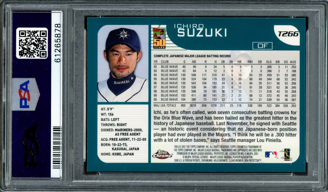 Ichiro Suzuki Signed 2001 Topps Chrome Traded RC T266 Mariners PSA 9 PSA/DNA