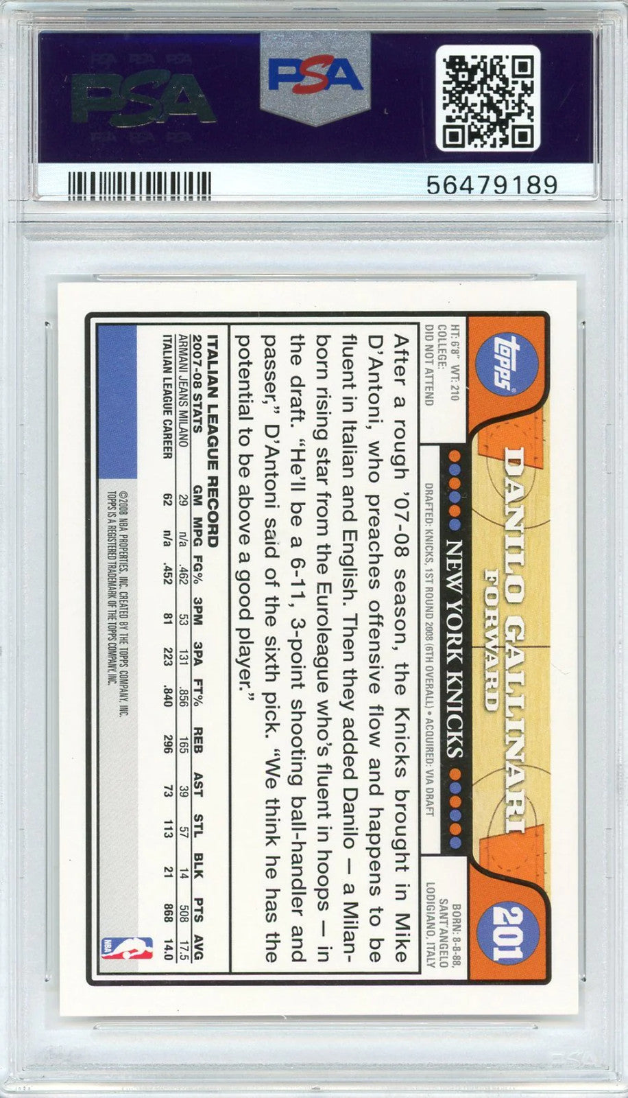 Danilo Gallinari 2008 Topps Gold Foil Rookie Card #201 (PSA)