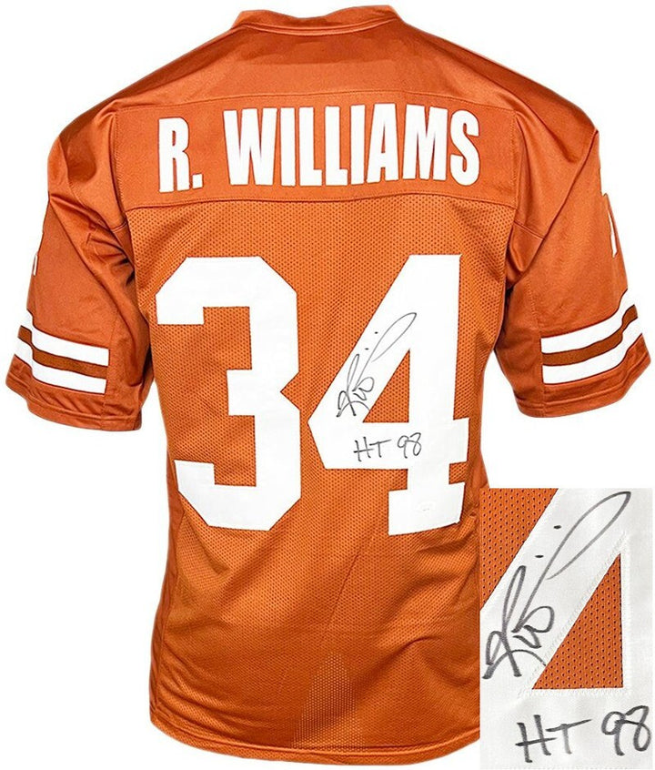 Ricky Williams signed Texas Orange Custom College Jersey w/ HT 98 (Heisman)- JSA
