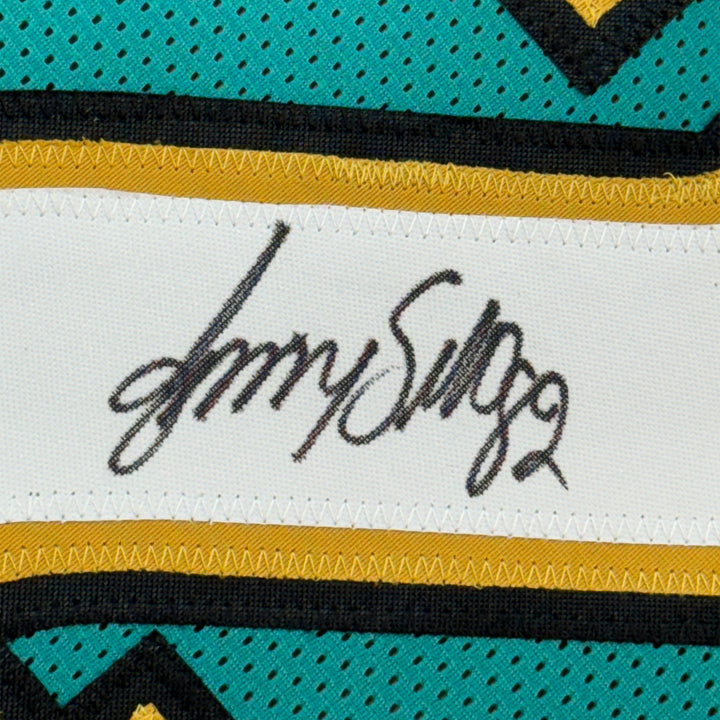 Framed Autographed/Signed Jimmy Smith 33x42 Teal Football Jersey PSA/DNA COA