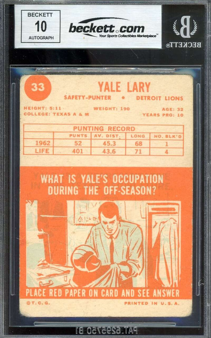Yale Lary Gem Mint 10 Beckett BAS Signed 1963 Topps Autograph