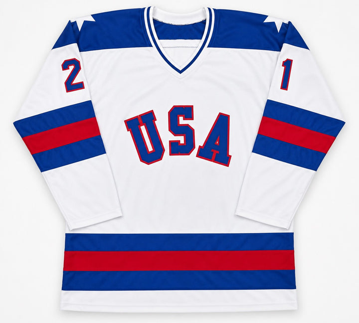 1980 Team USA Mike Eruzione Signed White Jersey JSA Witness