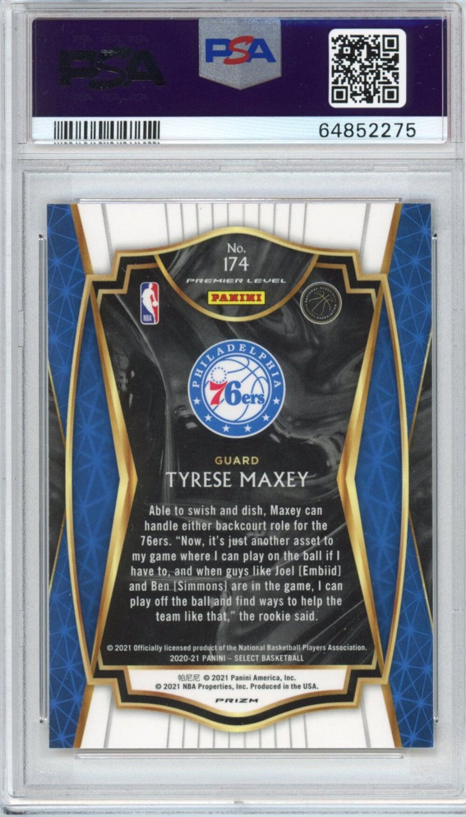 Graded 2020-21 Panini Select Tyrese Maxey #174 RWO Shimmer Rookie Card PSA 10