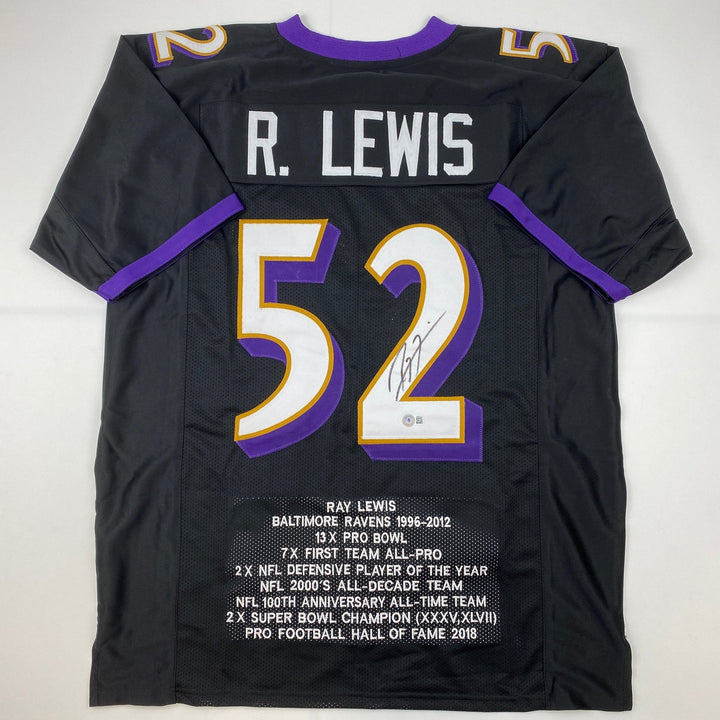 Autographed/Signed Ray Lewis Baltimore Black Stat Jersey Beckett COA