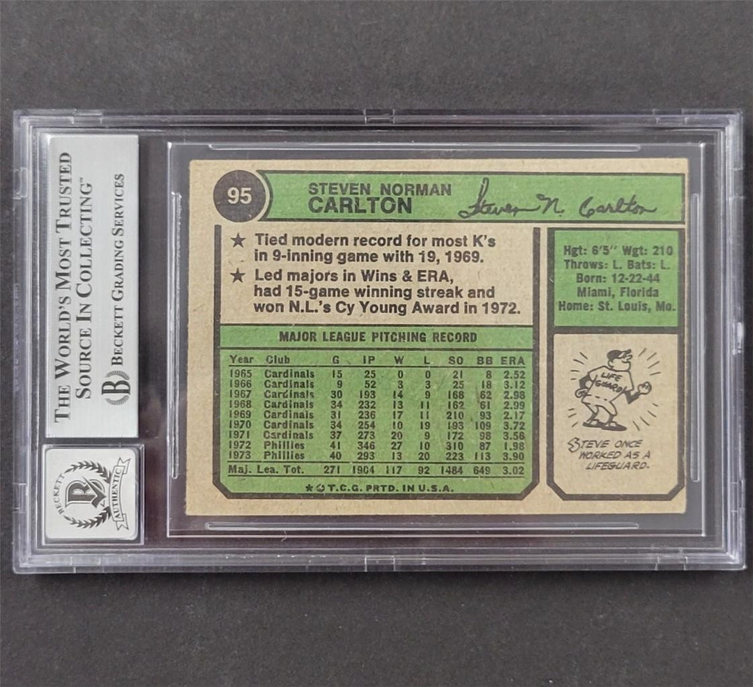 Steve Carlton signed 1974 Topps #95 card autograph ~ BAS BGS Grade 10 Auto