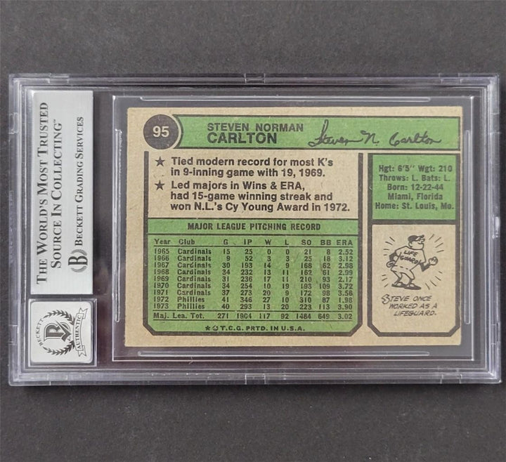 Steve Carlton signed 1974 Topps #95 card autograph ~ BAS BGS Grade 10 Auto