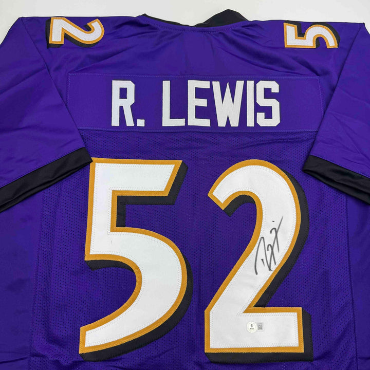 Autographed/Signed Ray Lewis Baltimore Purple Stat Football Jersey Beckett COA